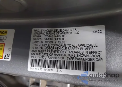 2022 Honda Accord Sport из США, поврежденный, VIN 1HGCV1F36NA085158